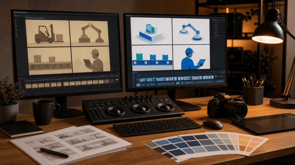 Explainer video refresh shown as an old video concept becoming a modern updated version