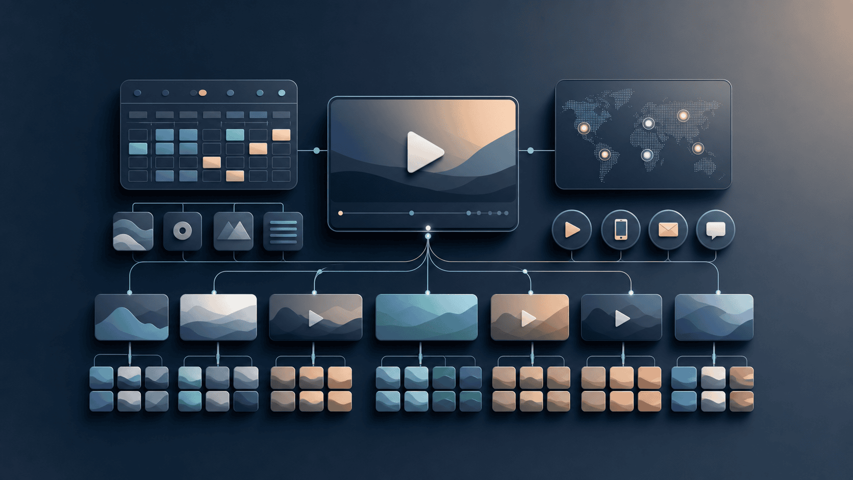 Video content system shown as connected business video assets and production modules